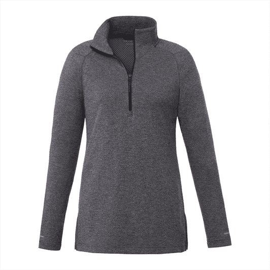 A quarter-zip women's jacket in dark grey with long sleeves, featuring a collar and a logo.