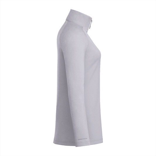 A light grey women's quarter zip jacket with a high collar, featuring a logo and a stylish, fitted design.