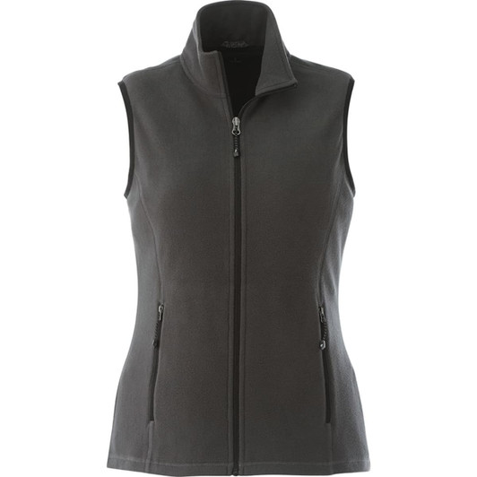A women's sleeveless vest in dark grey fleece, featuring a high collar and front zip with two side pockets.