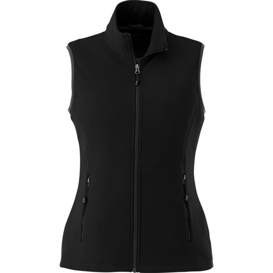 A women's Tyndall Polyfleece vest in black with a zip front and side pockets. Features a logo on the chest.
