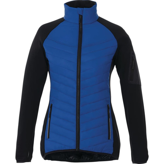 A women's insulated jacket featuring a blue front and black sleeves, with zippered pockets and a high collar.