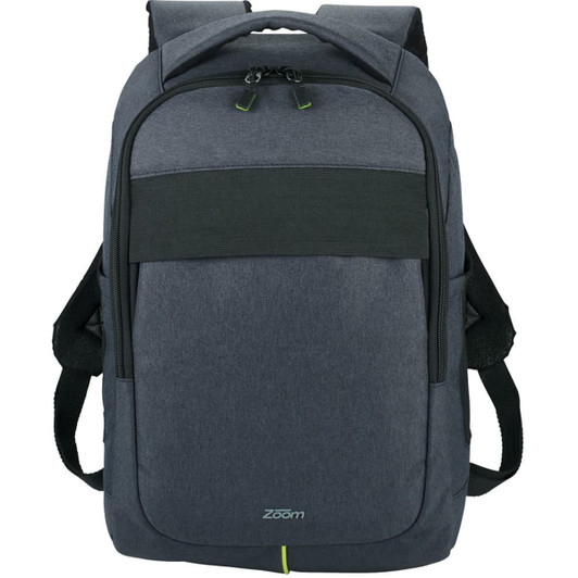 A grey laptop backpack with adjustable straps, featuring a front pocket and a logo. Ideal for carrying a laptop and accessories.