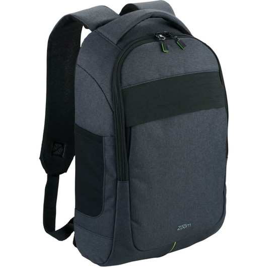 A grey laptop backpack with adjustable straps and multiple compartments, featuring a logo on the front.