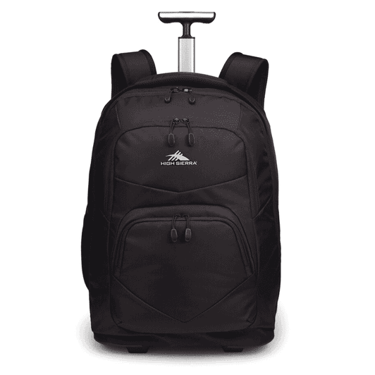 A black wheeled backpack with a retractable handle and multiple zippered compartments. Features a logo.