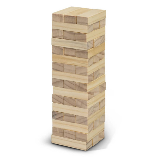 A wooden Mini Tumbling Tower in natural colour, featuring multiple stacked blocks. It has a logo on the base.