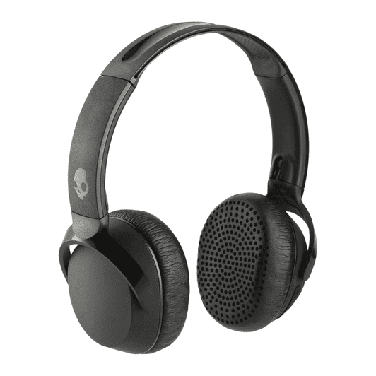 A pair of black Skullcandy Riff Wireless headphones with a sleek design and a branding logo visible.