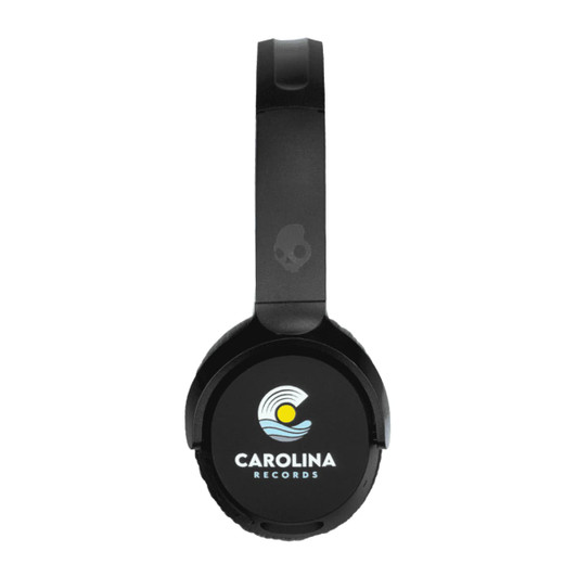 A pair of black wireless headphones featuring a logo on the earcup and a smooth headband design.