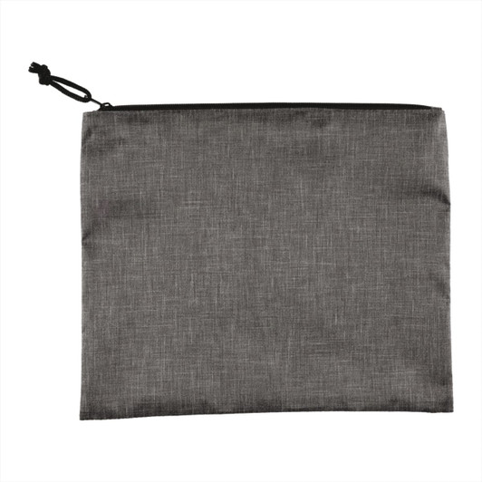 A grey recycled toiletry bag with a zip closure and a drawstring. It features a minimalist design and has a logo.