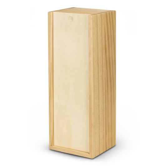 A wooden box with a smooth, natural finish, featuring a simple design and rectangular shape. It has a small hole on top.