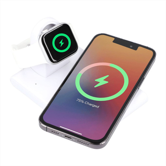 A wireless charging pad in white with a smartwatch and smartphone displaying charging status indicators.