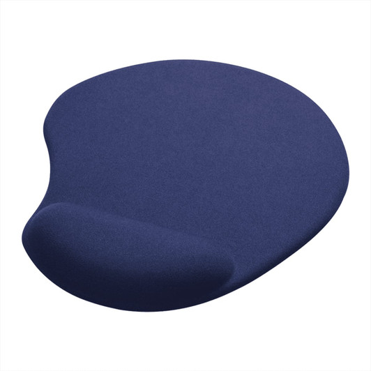 A navy blue gel mouse pad with a wrist rest, featuring a smooth surface and ergonomic design.