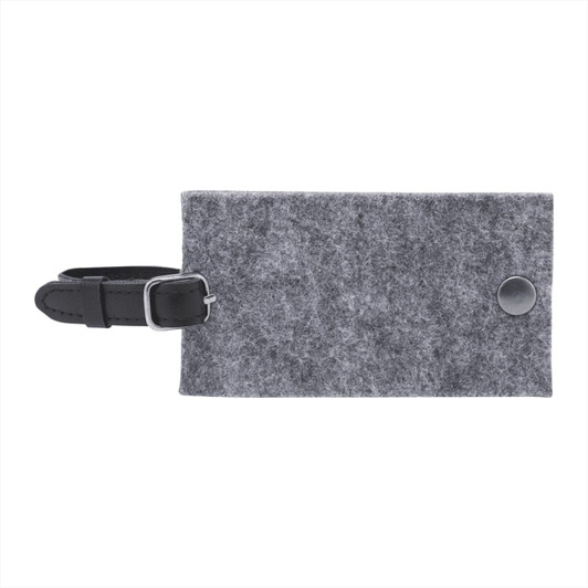 A grey felt luggage tag with a black strap and a metal buckle. It features a simple design and has a logo.