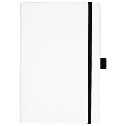 A white bound journal with colourful accents and a black elastic band closure. It features a logo on the cover.