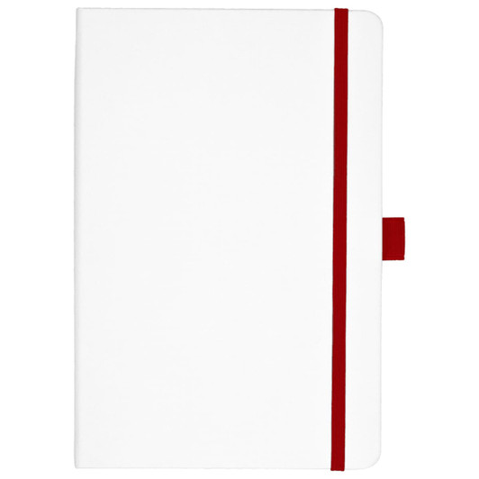 A white bound journal with red accents, featuring a coloured elastic band and a bookmark. It has a logo on the cover.