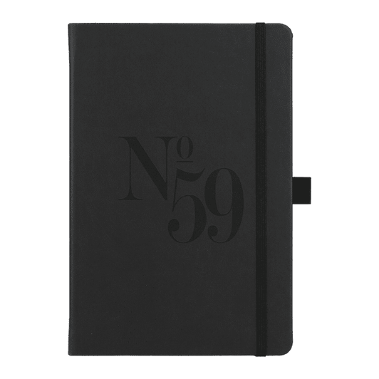 A black hard-bound journal with an elastic closure, featuring a logo on the front cover.