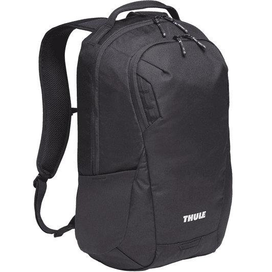 A black backpack featuring a sleek design, padded straps, and a logo on the front, ideal for laptops.