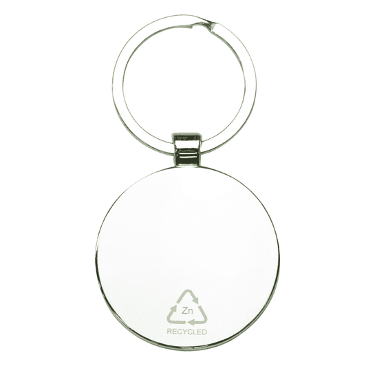 A circular keyring made from recycled zinc alloy with a shiny metal finish and a simple design.