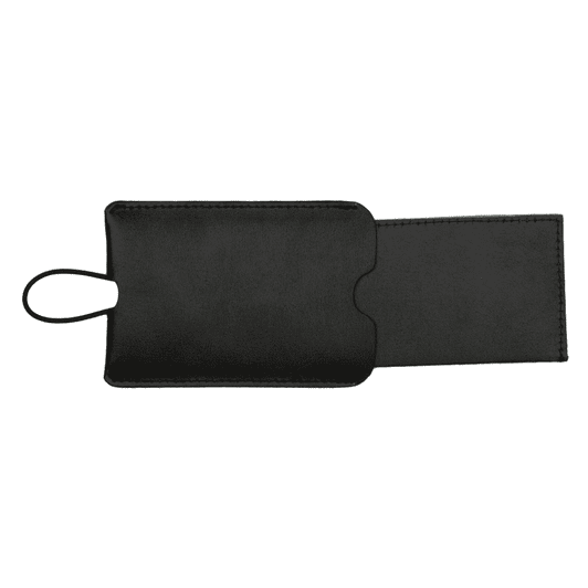 A black pull-apart leather luggage tag featuring a loop for attachment and a simple design.