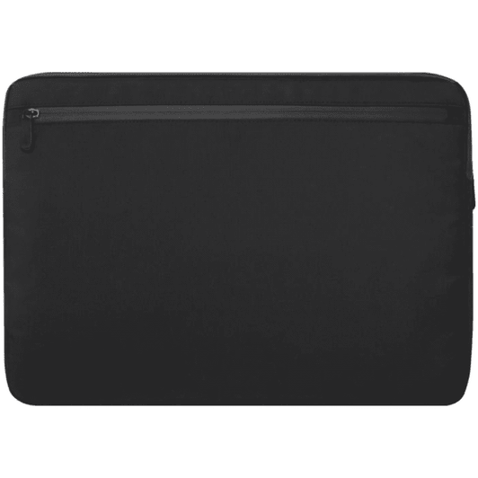 A black laptop sleeve featuring a sleek design with a zippered pocket. It includes a logo.