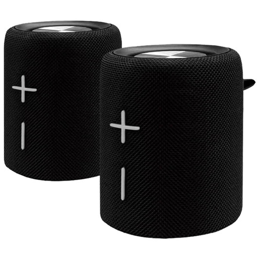 Two black breakaway Bluetooth speakers with textured surfaces and control buttons on the side.