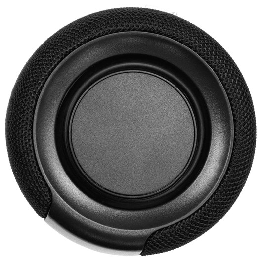 A round, black Breakaway Bluetooth speaker with a textured mesh surface and a smooth central section.