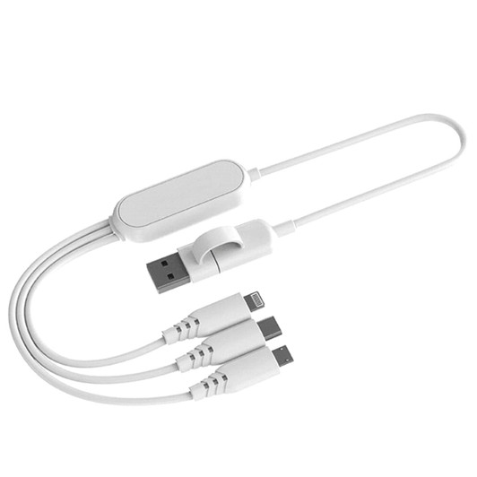 A white fast charging multi cable with one USB connector and three output connectors. It includes a cable management feature.