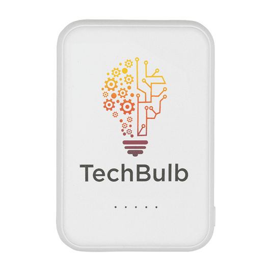 A white power bank with a colourful light bulb graphic and branding. Features a slim design for portability.