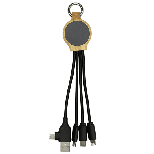 A 16.5cm recycled charging cable featuring multiple connectors in black, with a wooden circular attachment at the top.