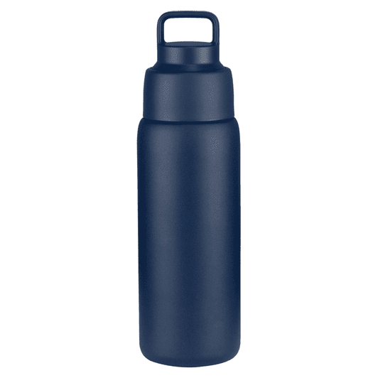 A drink bottle in navy blue, featuring a handle and a sleek, reusable design, with a logo on the surface.