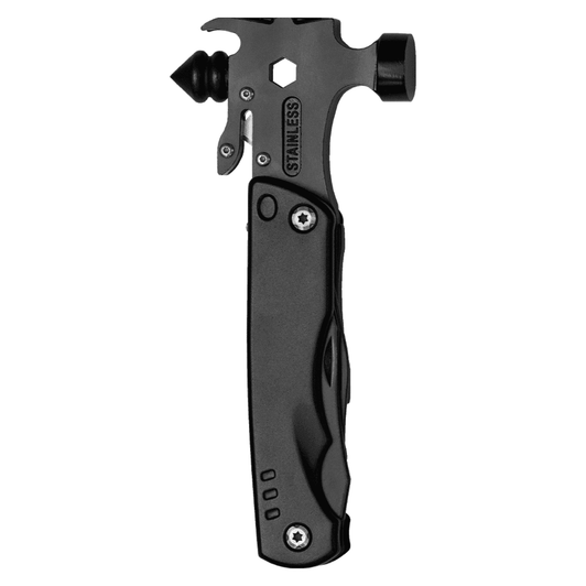 A multi-tool featuring a stainless steel hammer, hex tool, and a textured black handle with a logo.
