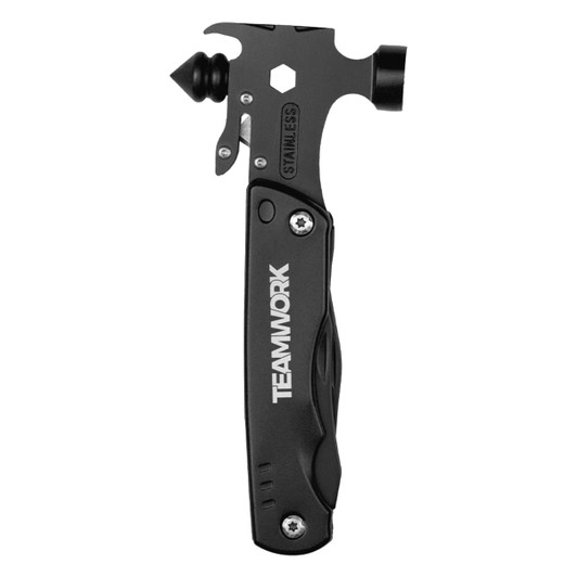 A black multi-tool featuring a hammer, various tools, and a hexagon socket, with a logo present.