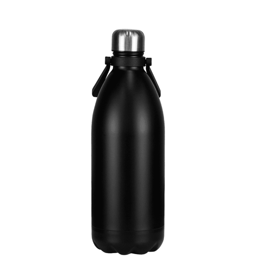 A drink bottle in matte black, featuring a stainless steel cap and a branding logo on the front.