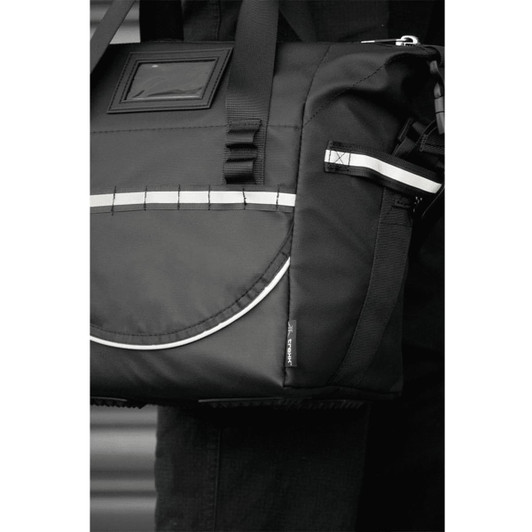 A black cooler bag features reflective detailing and multiple pockets, designed for carrying items securely. It has a logo.