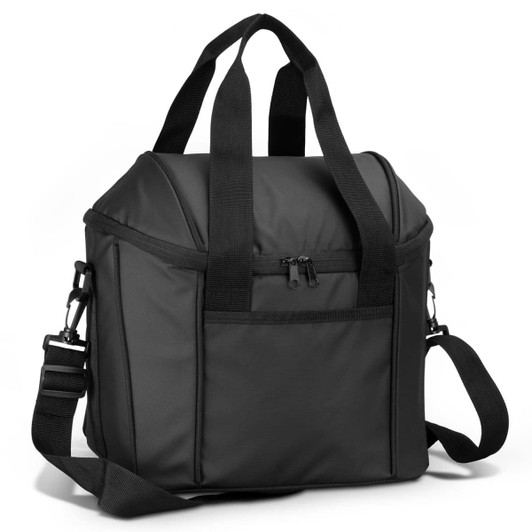 A cooler bag in black with a zippered front pocket and dual carrying handles, featuring an adjustable shoulder strap.