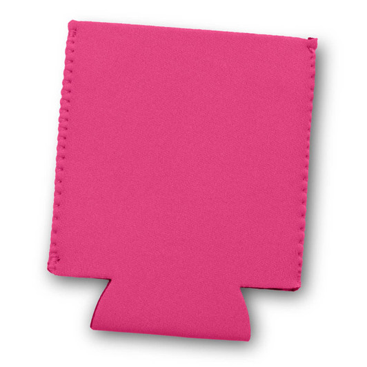 A pink stubby cooler with a shaped base and stitched edges, featuring a logo on one side.