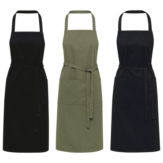 Three aprons in black, olive green, and dark grey with adjustable neck straps and waist ties. Each features a front pocket.