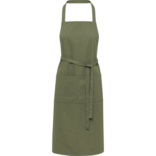 A green apron with a tie belt and two front pockets. The material is heavy and made from recycled fibres.