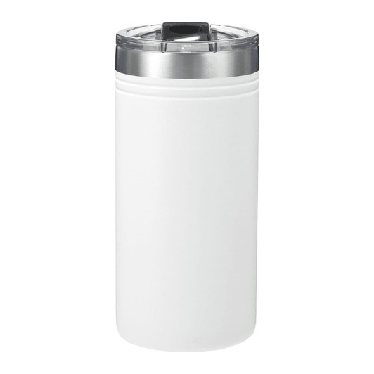 A drink bottle in white with a stainless steel lid, designed as a cool thermal holder for beverages.