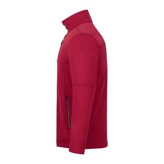 A red men's softshell jacket features a high collar and zippered pockets, with a logo present.