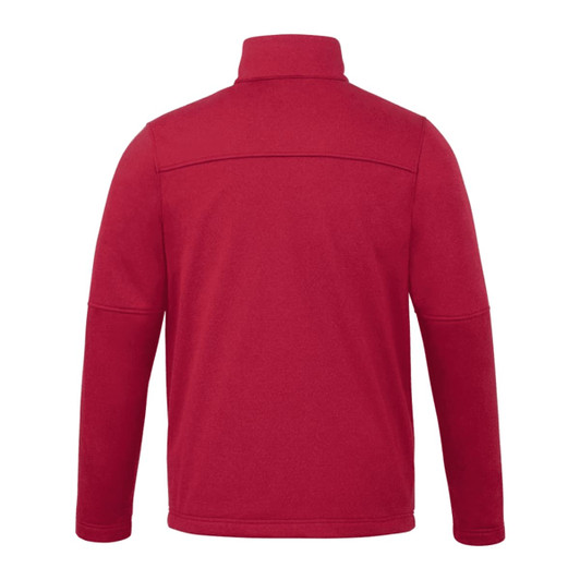 A red softshell jacket with a high collar and long sleeves, featuring a logo on the back.