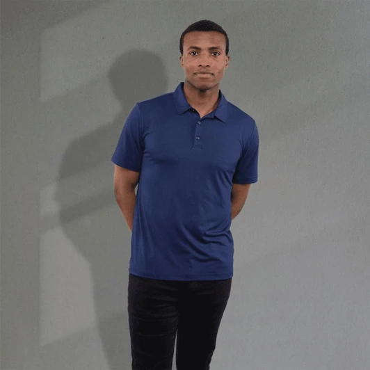 A navy blue men's polo shirt with a collar and short sleeves, featuring a logo.