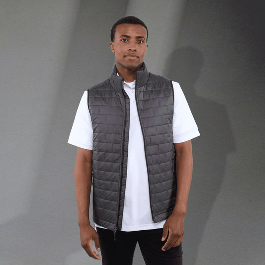 A lightweight packable insulated puffer vest in dark grey, featuring a high collar and a fitted design.