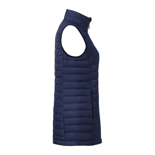 A navy lightweight packable insulated puffer vest, featuring a sleek design and zip closure, with one side pocket.