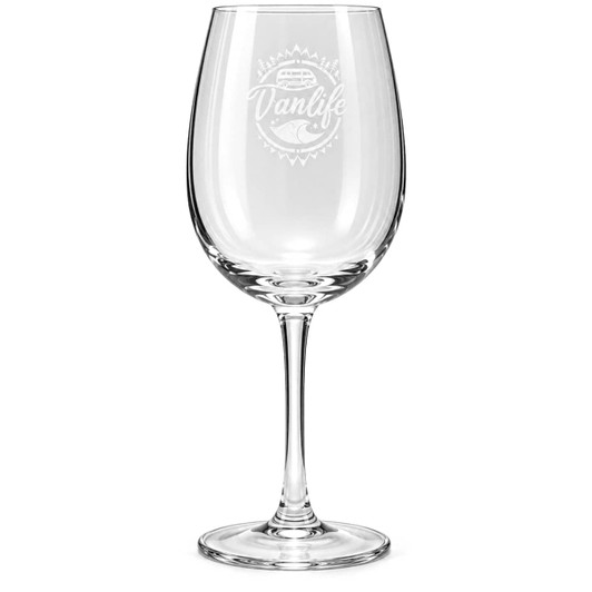 A clear wine glass with a stem, featuring an etched logo and a 430ml capacity.