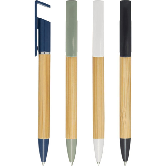 A set of four pens with bamboo barrels, featuring navy, olive, white, and black accents. Each pen has a clip.