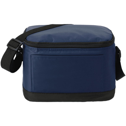A navy blue insulated lunch bag with a black base and a shoulder strap, featuring a pocket on the side and a logo.