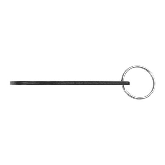 A drink bottle opener key ring in black with a metal ring for attaching to keys.