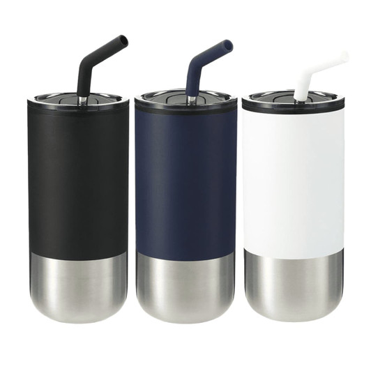 A drink bottle set featuring three tumblers in black, navy blue, and white with stainless steel bottoms and straws.