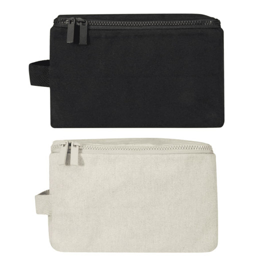 A black and grey toiletry organiser featuring a zip closure and a handle, with a logo on one side.