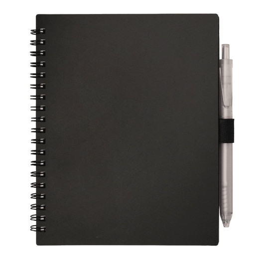 A black recycled PP journal with a spiral binding and a grey pen attached. It features a logo on the cover.